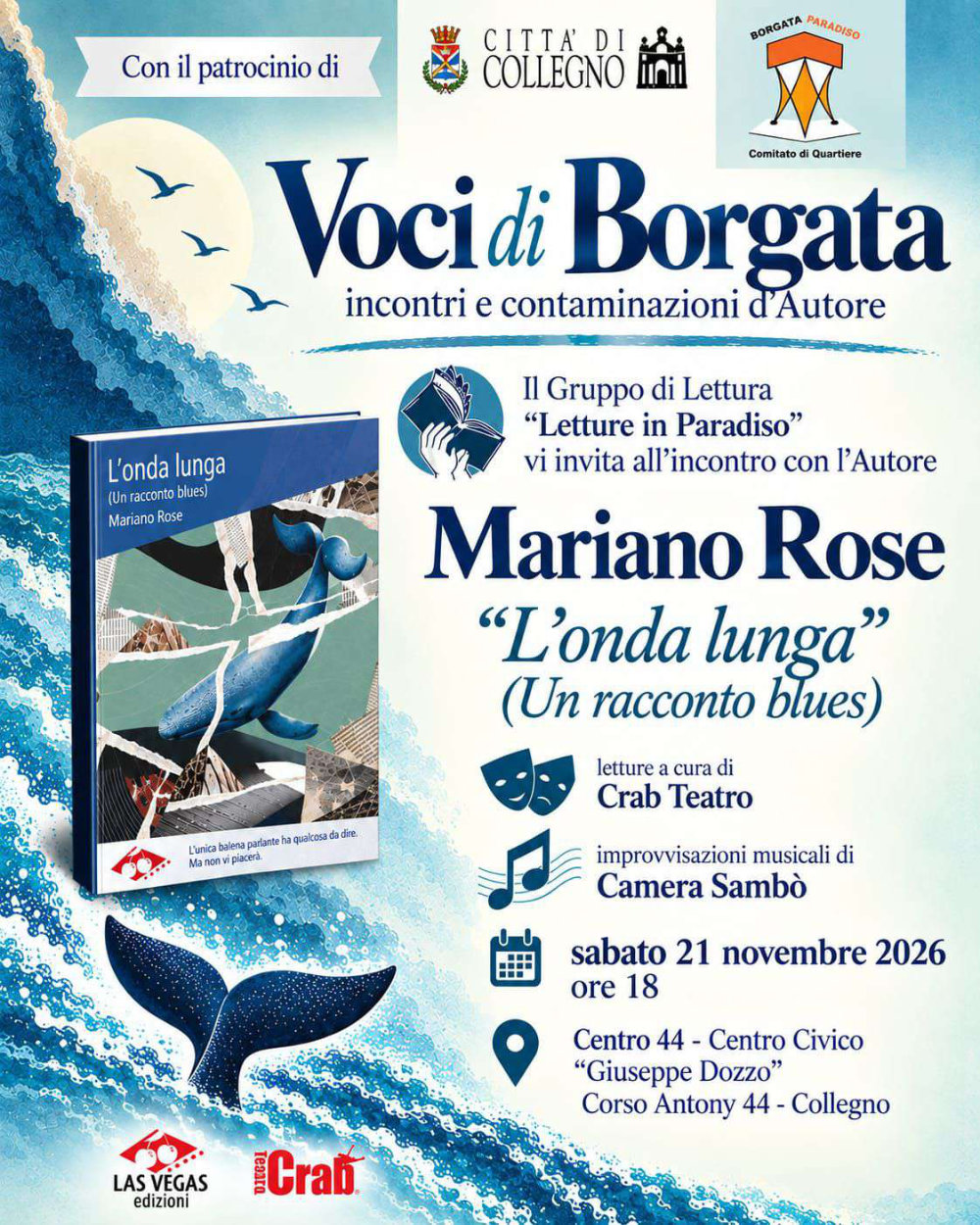 Locandina – Mariano Rose presenta "L'onda lunga" per la rassegna Voci di Borgata a Collegno
